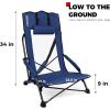 imageSPORT BEATS Low Beach Chairs Set of 2 Folding Beach Chairs High Back Support with Head Pillows Shoulder StrapsNavy