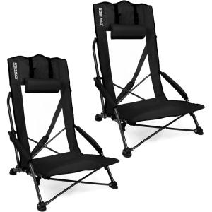 imageSPORT BEATS Low Beach Chairs Set of 2 Folding Beach Chairs High Back Support with Head Pillows Shoulder StrapsBlack