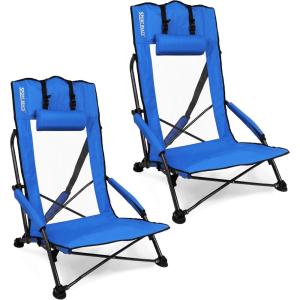 imageSPORT BEATS Low Beach Chairs Set of 2 Folding Beach Chairs High Back Support with Head Pillows Shoulder StrapsBlue