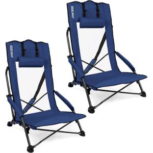 imageSPORT BEATS Low Beach Chairs Set of 2 Folding Beach Chairs High Back Support with Head Pillows Shoulder StrapsNavy