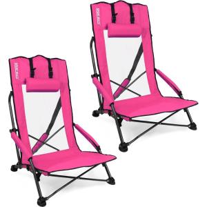 imageSPORT BEATS Low Beach Chairs Set of 2 Folding Beach Chairs High Back Support with Head Pillows Shoulder StrapsPink