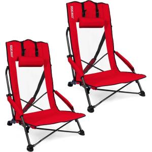 imageSPORT BEATS Low Beach Chairs Set of 2 Folding Beach Chairs High Back Support with Head Pillows Shoulder StrapsRed